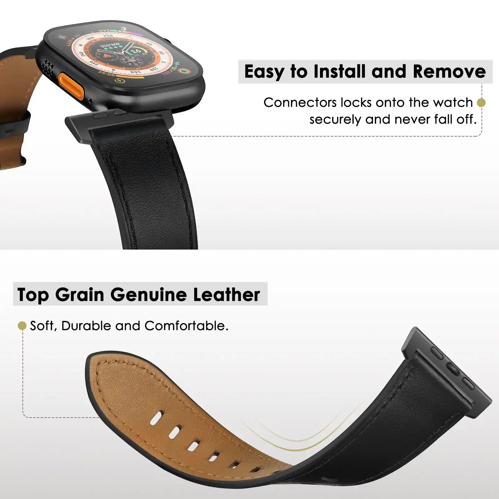 Black Pinstripe Genuine Leather Apple Watch Band | Dress Style