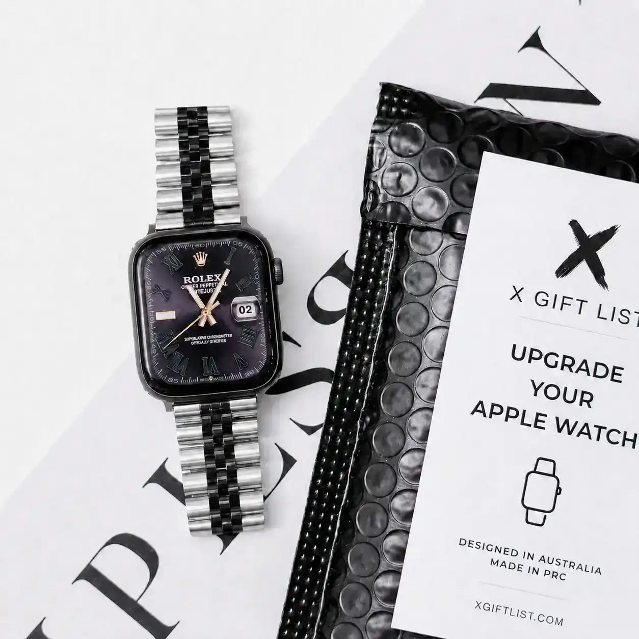 Apple Watch Mod Jubilee Steel Strap – Black & Gold Datejust Style -