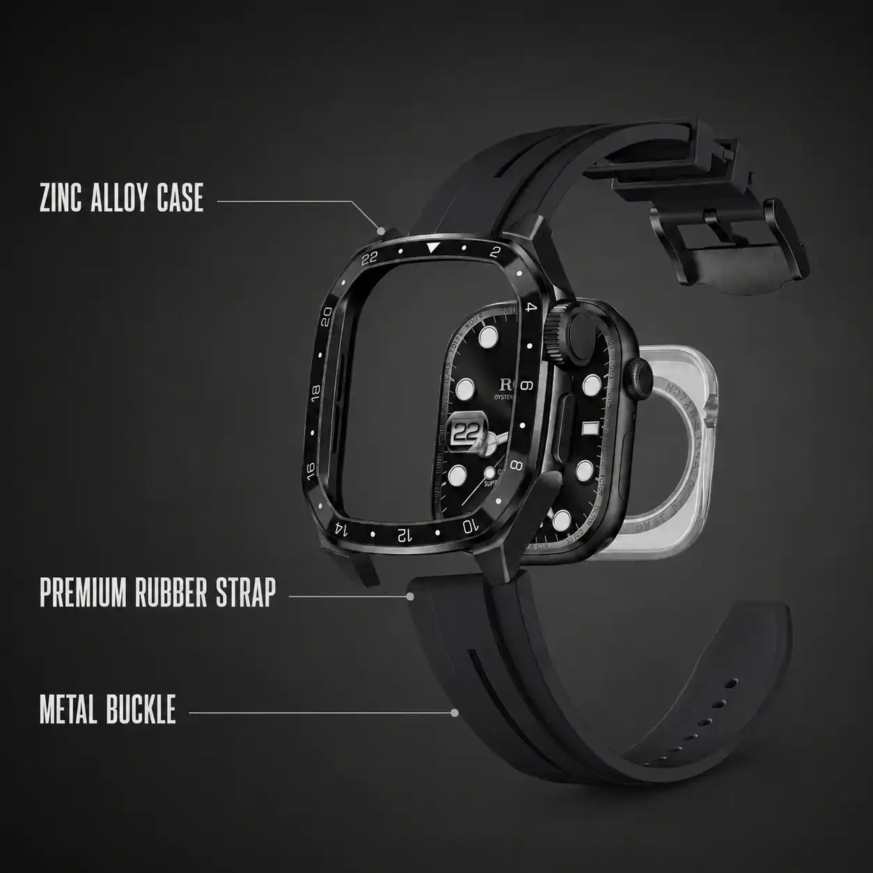 Apple Watch Mod Zinc Alloy Case & Rubber Strap – Black GMT Style -