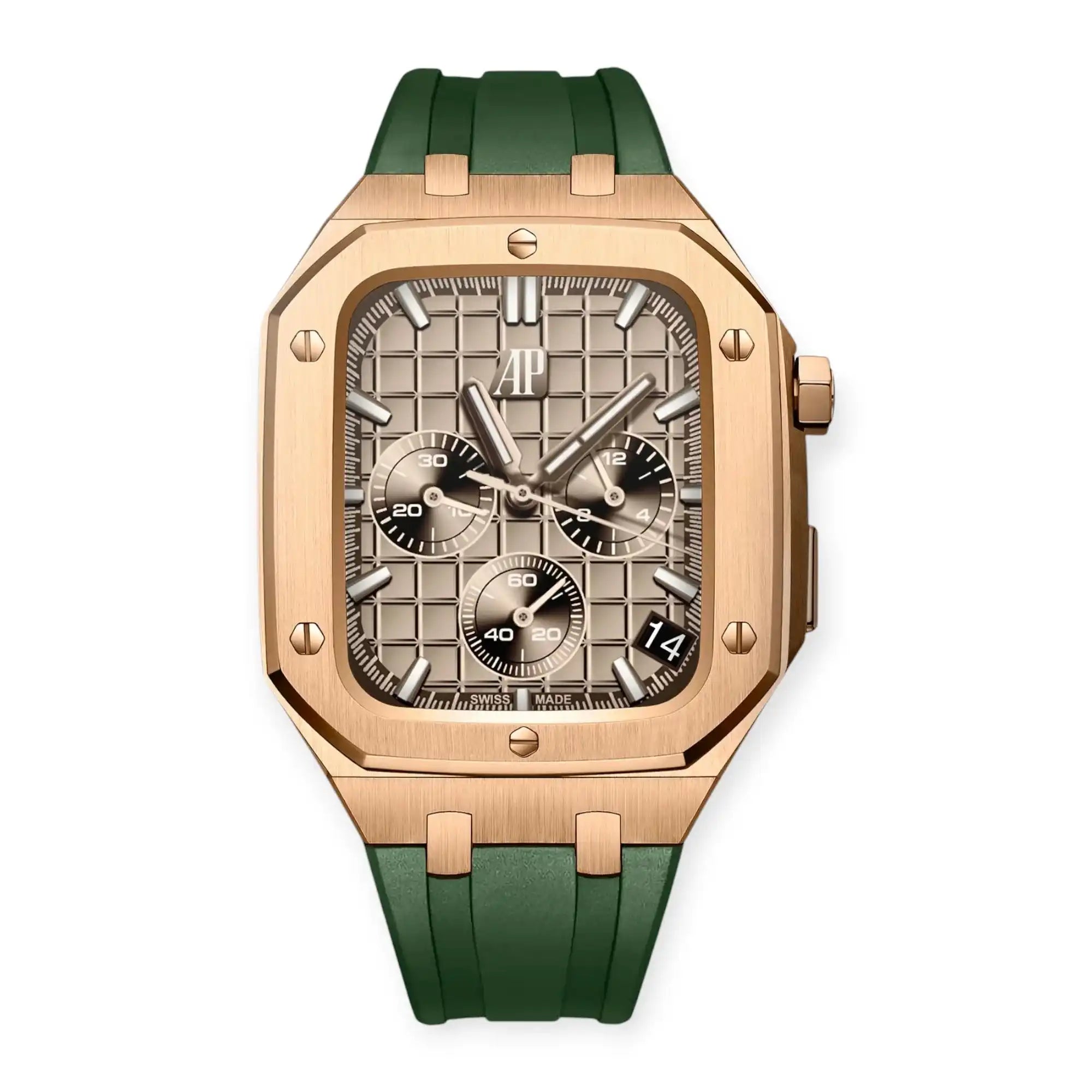 Apple Watch Mod Steel Case & Rubber Strap – Rose Gold Oak Style -