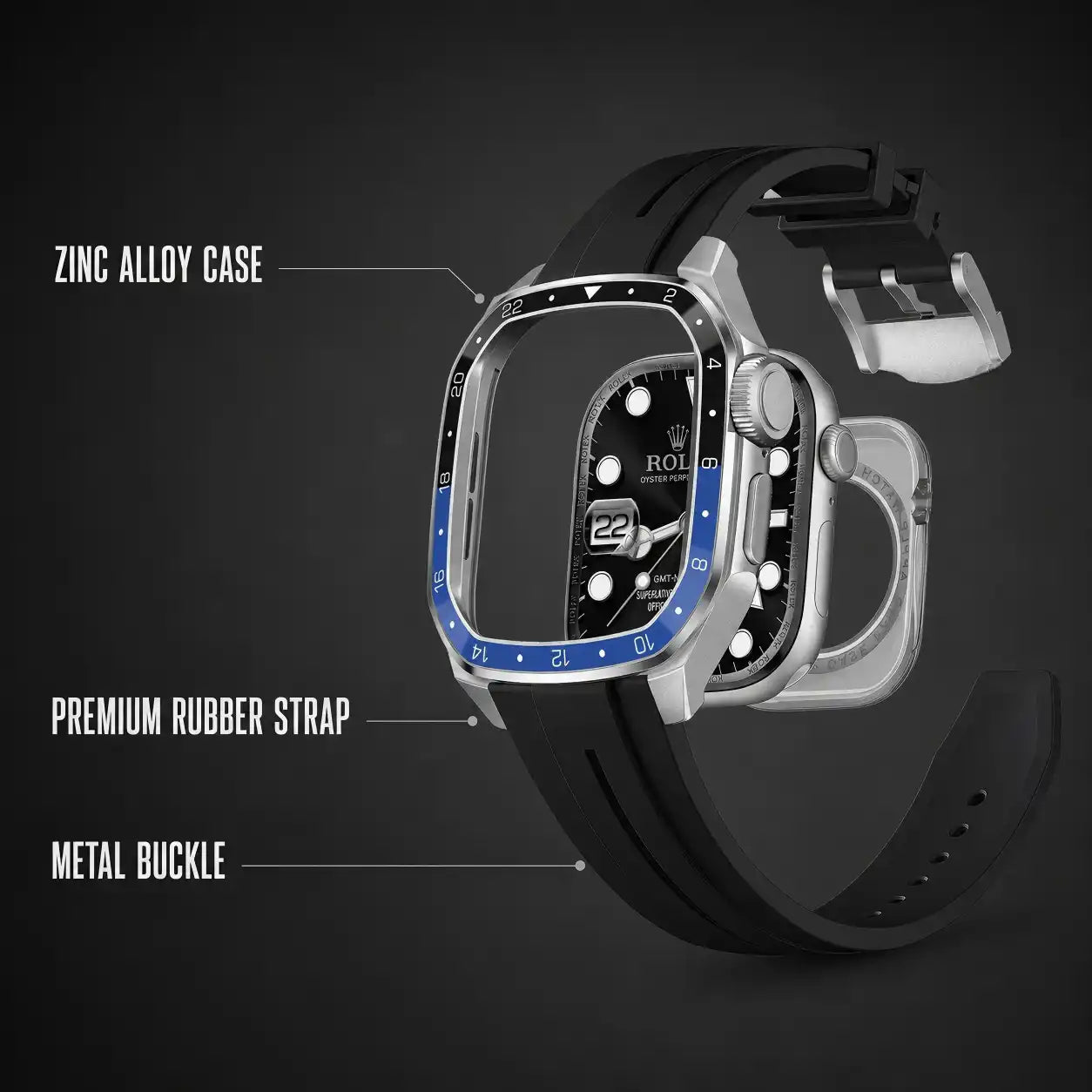 Apple Watch Mod Zinc Alloy Case & Rubber Strap – Batman GMT Style -