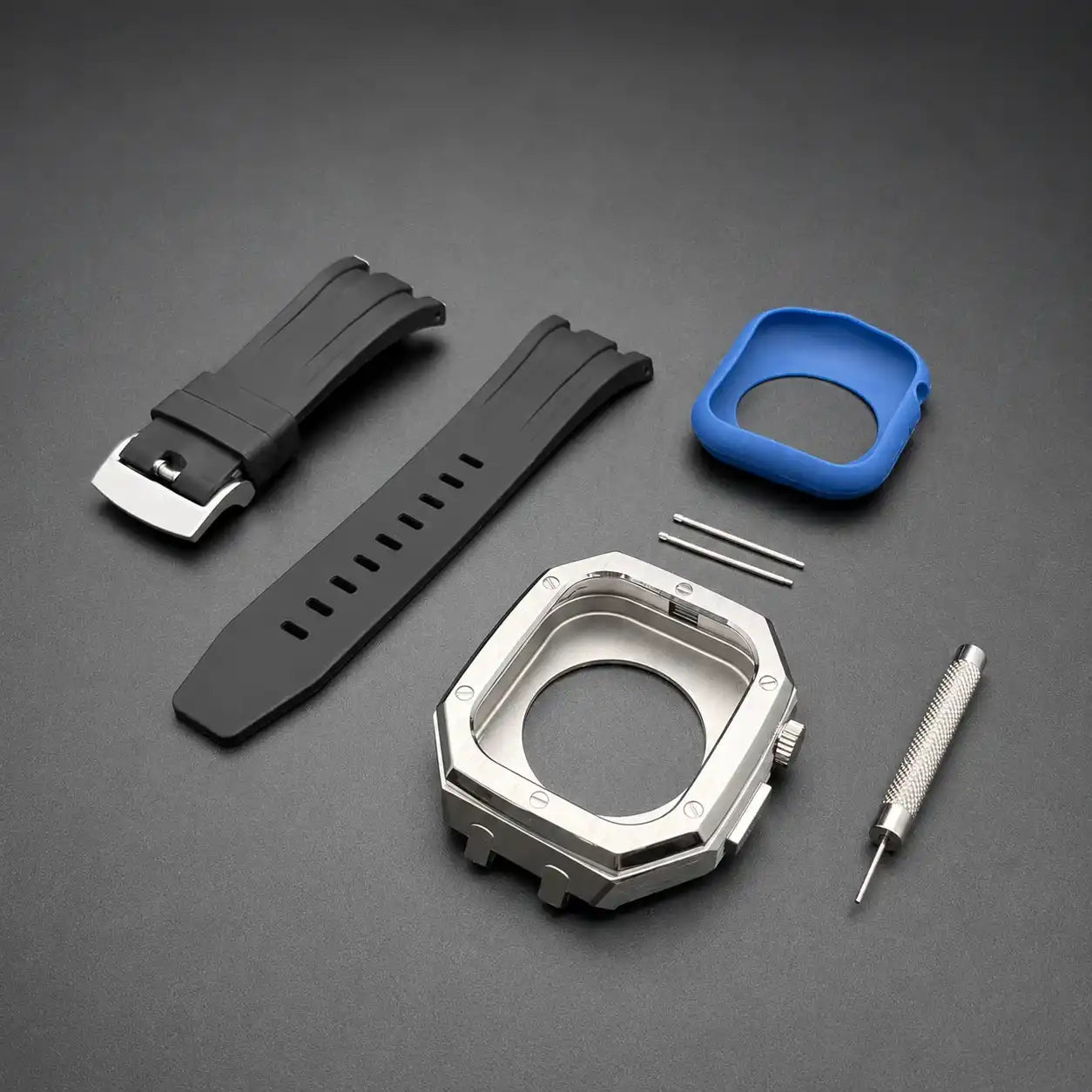 Apple Watch Mod Steel Case & Rubber Strap – Silver Oak Style -
