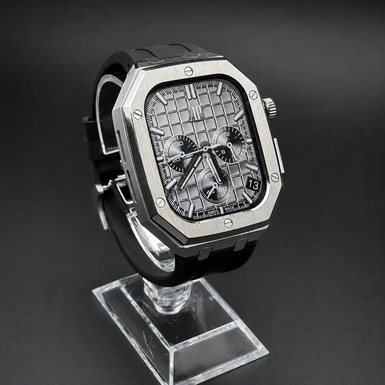 Apple Watch Mod Steel Case & Rubber Strap – Silver Oak Style -