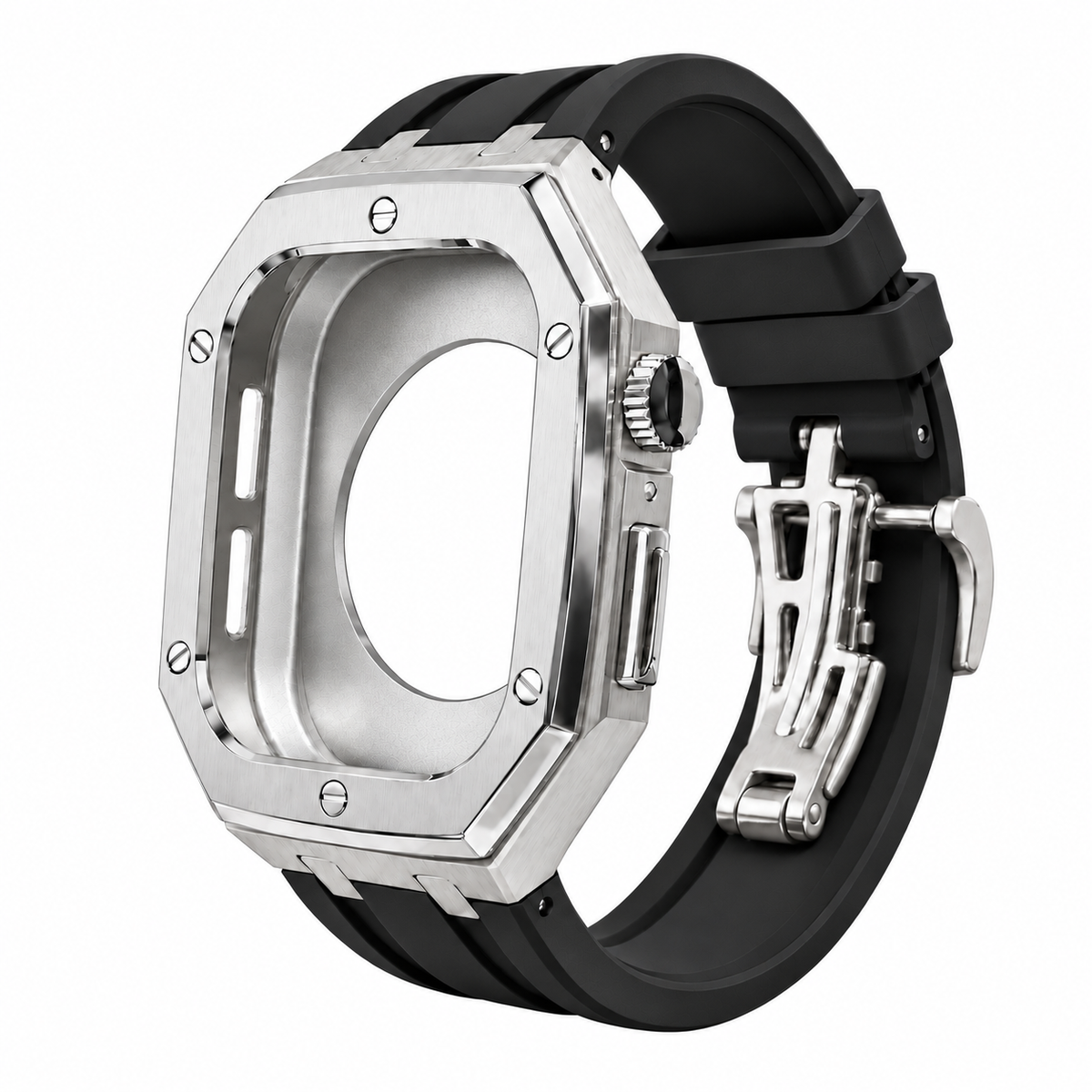 Silver Steel Apple Watch Case & Rubber Band Set | Royal Oak Mod Kit -