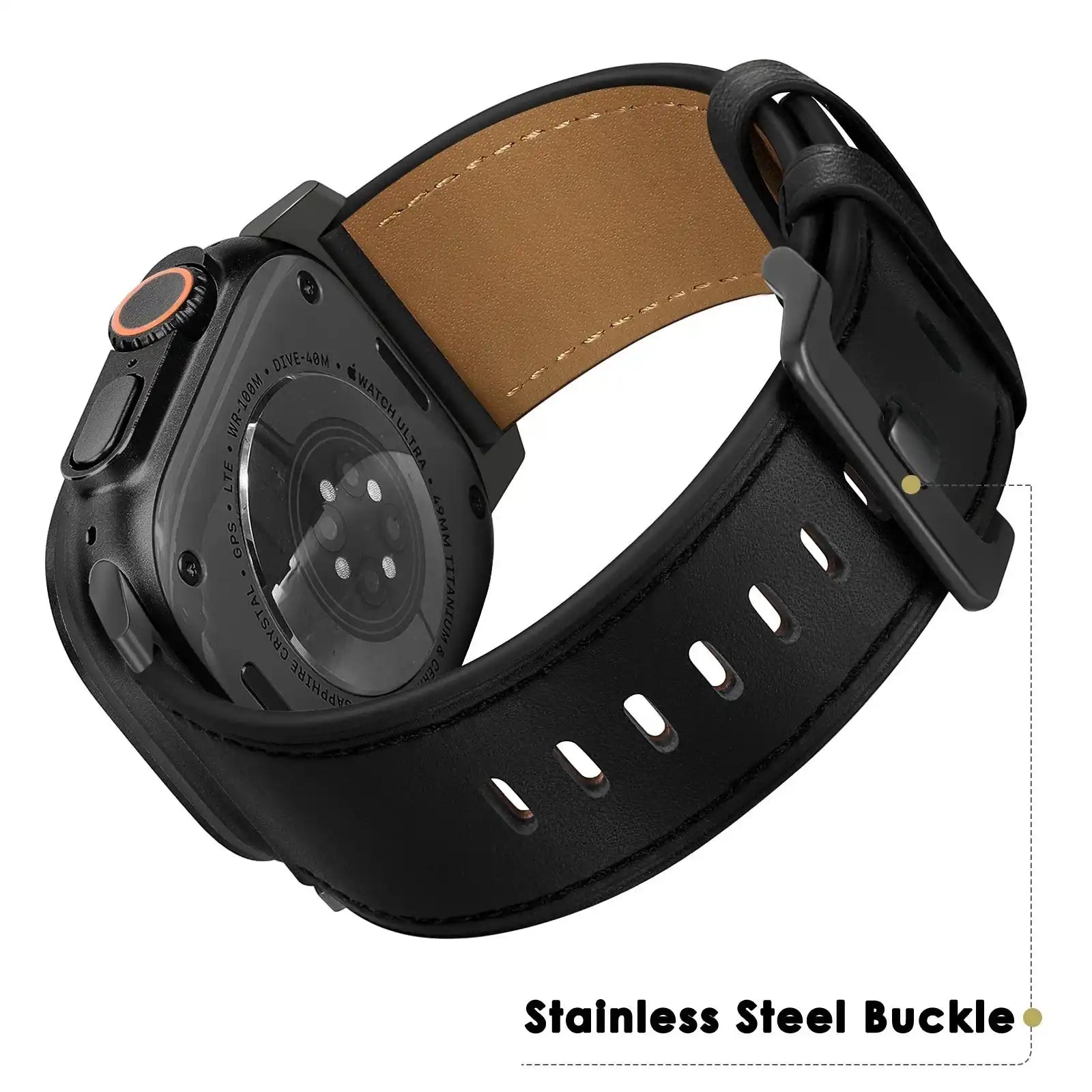 Black Pinstripe Genuine Leather Apple Watch Band | Dress Style