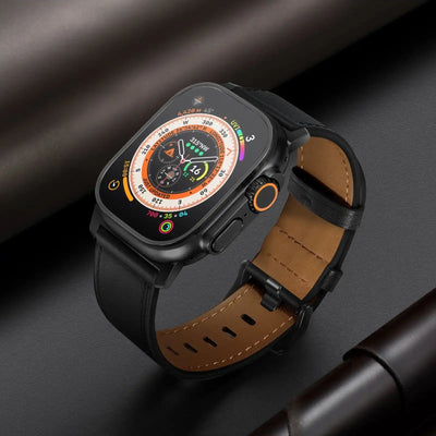 Black Pinstripe Genuine Leather Apple Watch Band | Dress Style