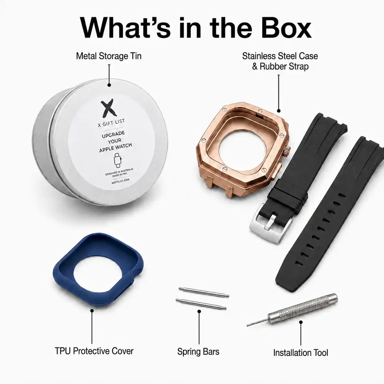 Apple Watch Mod Steel Case & Rubber Strap – Rose Gold Oak Style - 