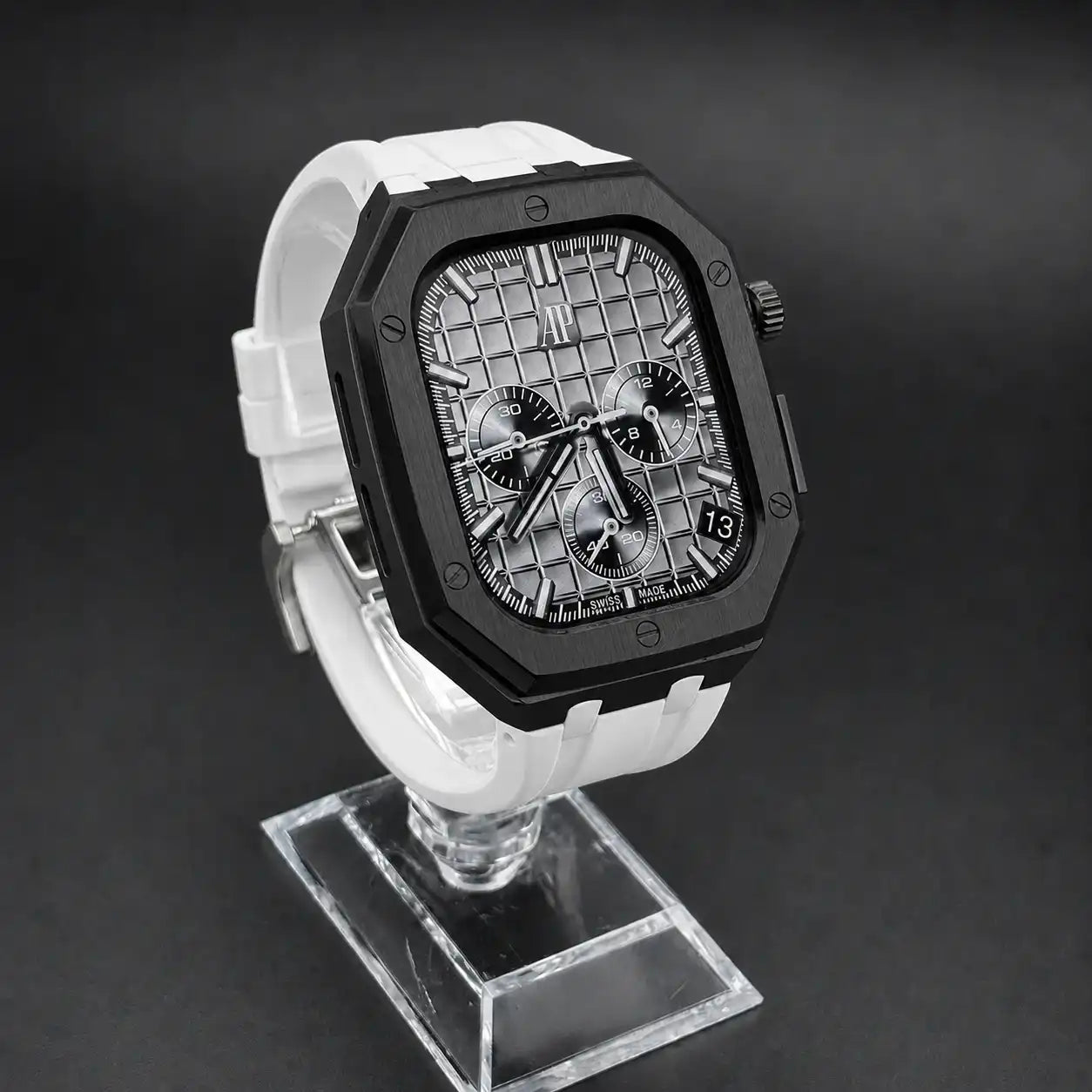 Apple Watch Mod Steel Case & Rubber Strap – Black Oak Style - 