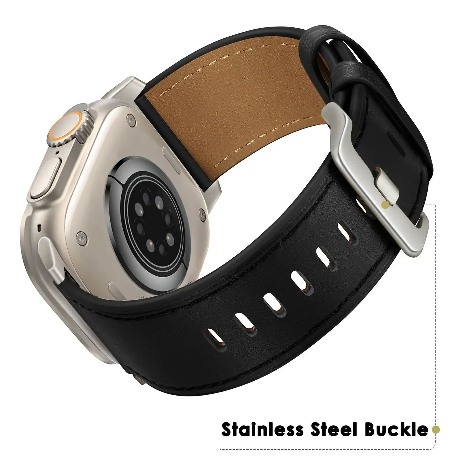 Black Pinstripe Genuine Leather Apple Watch Band | Dress Style