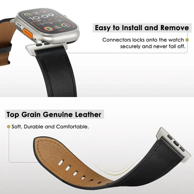 Black Pinstripe Genuine Leather Apple Watch Band | Dress Style