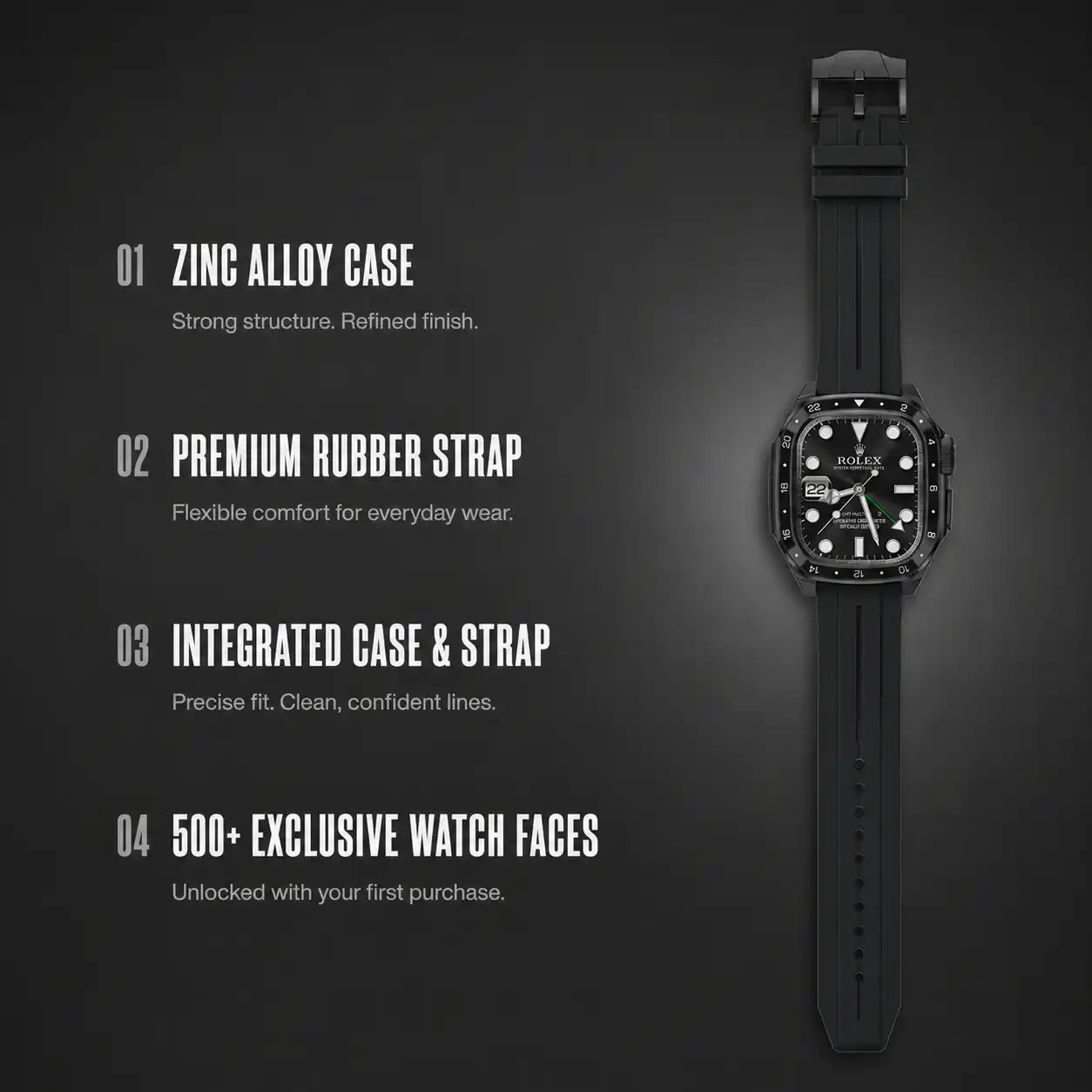 Apple Watch Mod Zinc Alloy Case & Rubber Strap – Black GMT Style - 