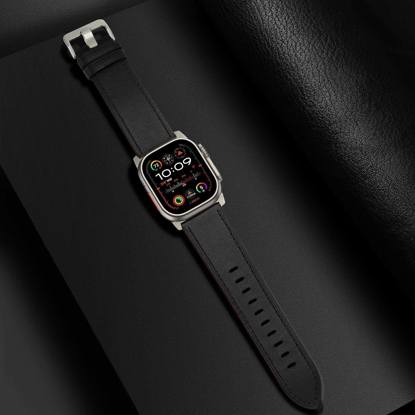 Black Pinstripe Genuine Leather Apple Watch Band | Dress Style