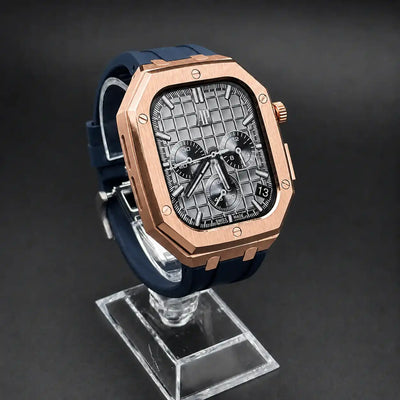 Apple Watch Mod Steel Case & Rubber Strap – Rose Gold Oak Style - 