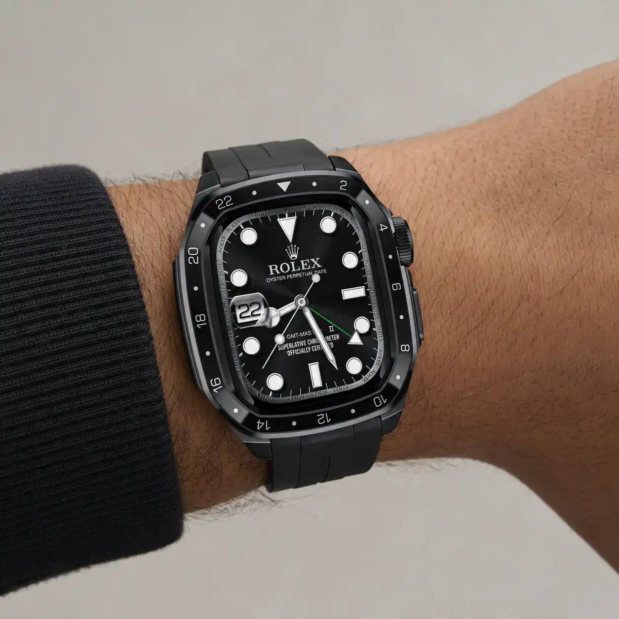 Apple Watch Mod Zinc Alloy Case & Rubber Strap – Black GMT Style - 