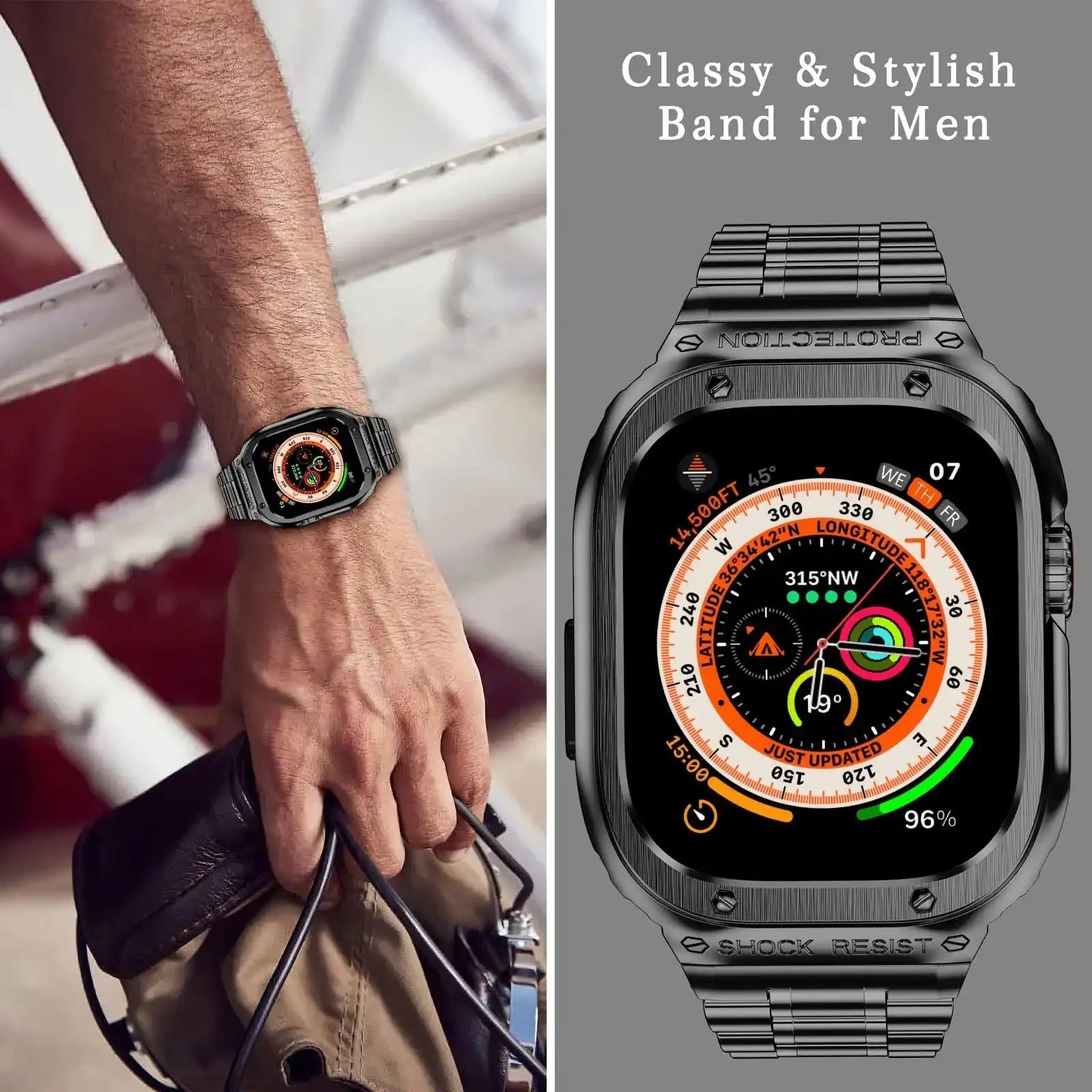 Black Apple Watch Stainless Steel Case & Band Set | Sport Style
