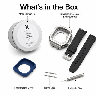 Apple Watch Mod Steel Case & Rubber Strap – Silver Oak Style - 