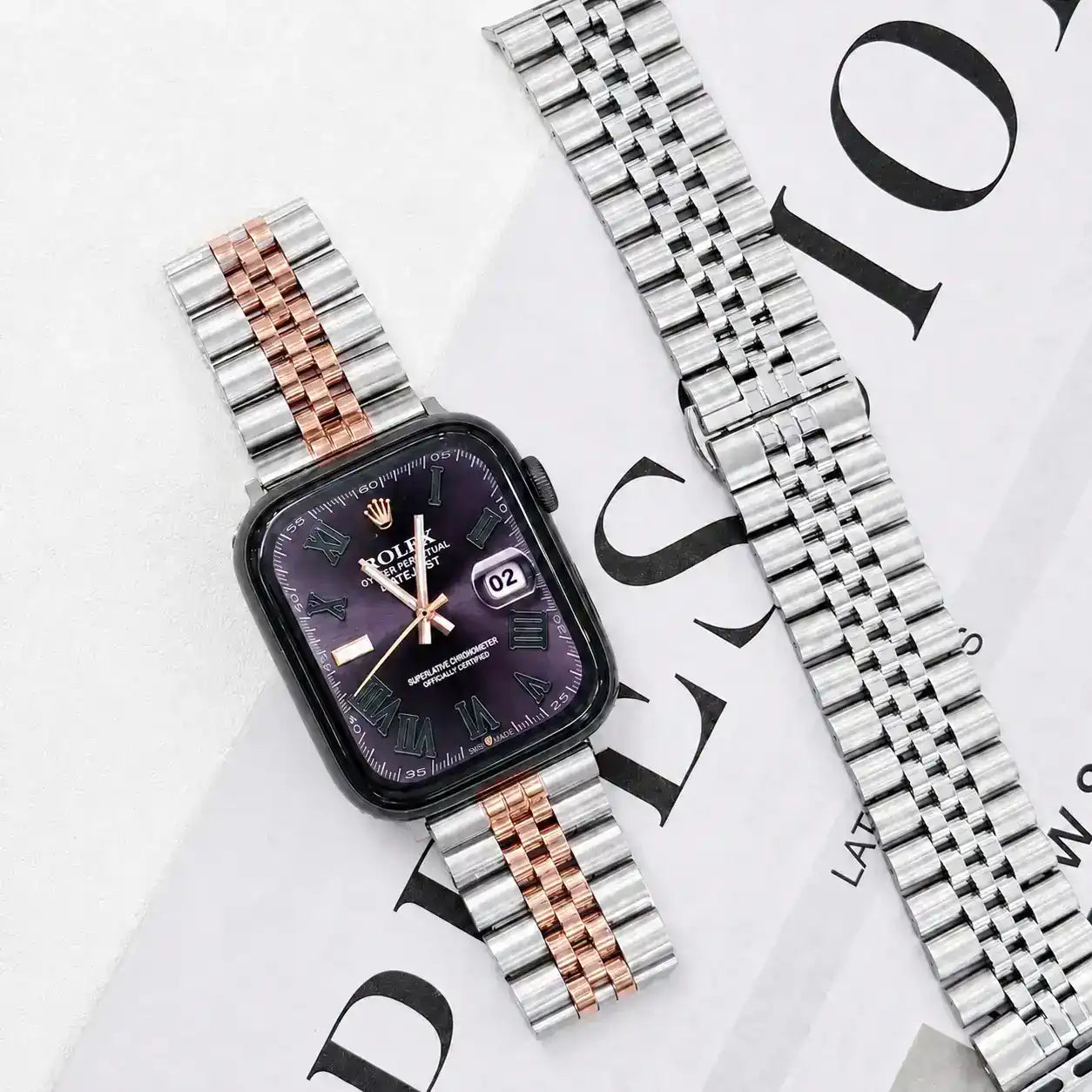 Apple Watch Mod Jubilee Steel Strap – Silver & Rose Gold Datejust Style - 