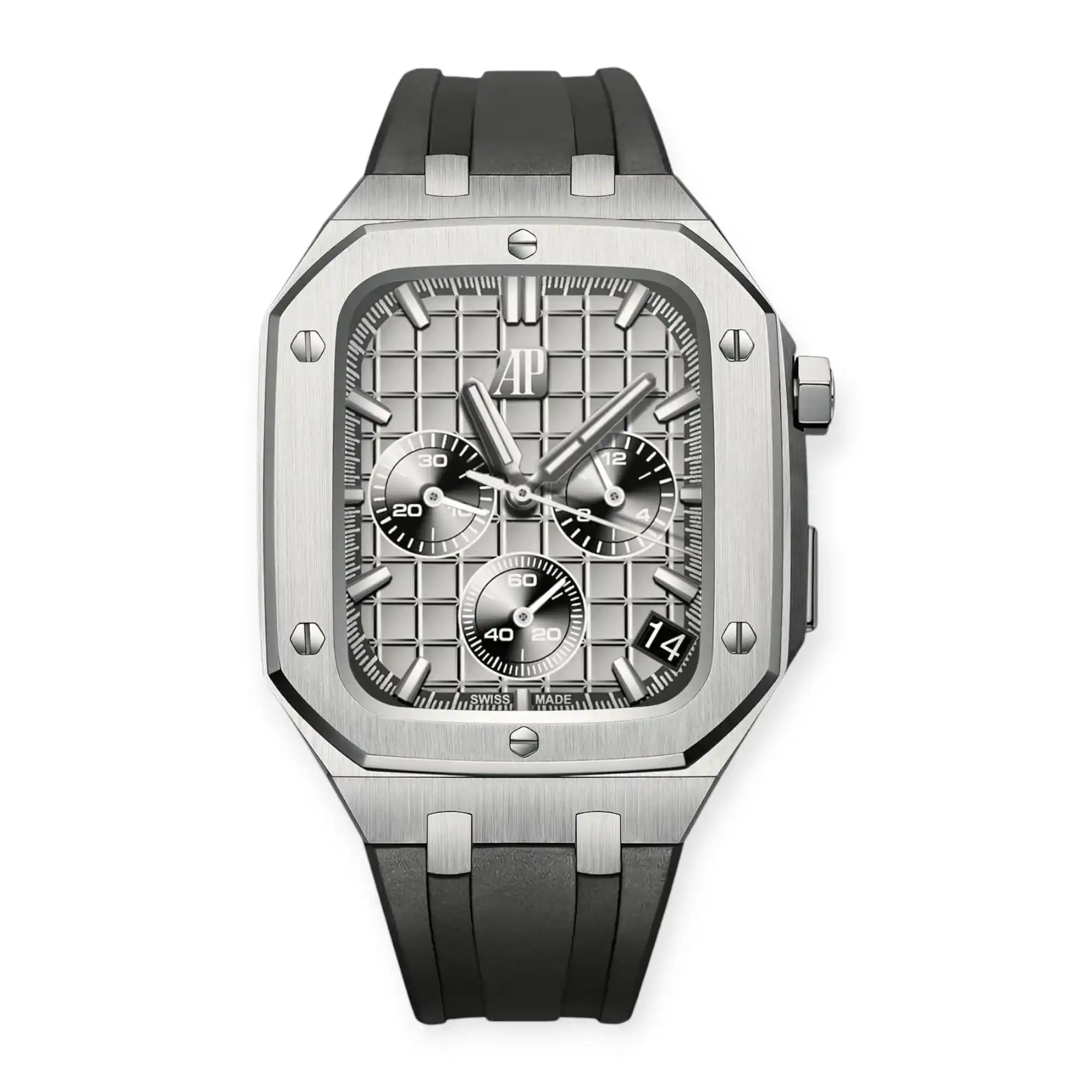 Apple Watch Mod Steel Case & Rubber Strap – Silver Oak Style - 