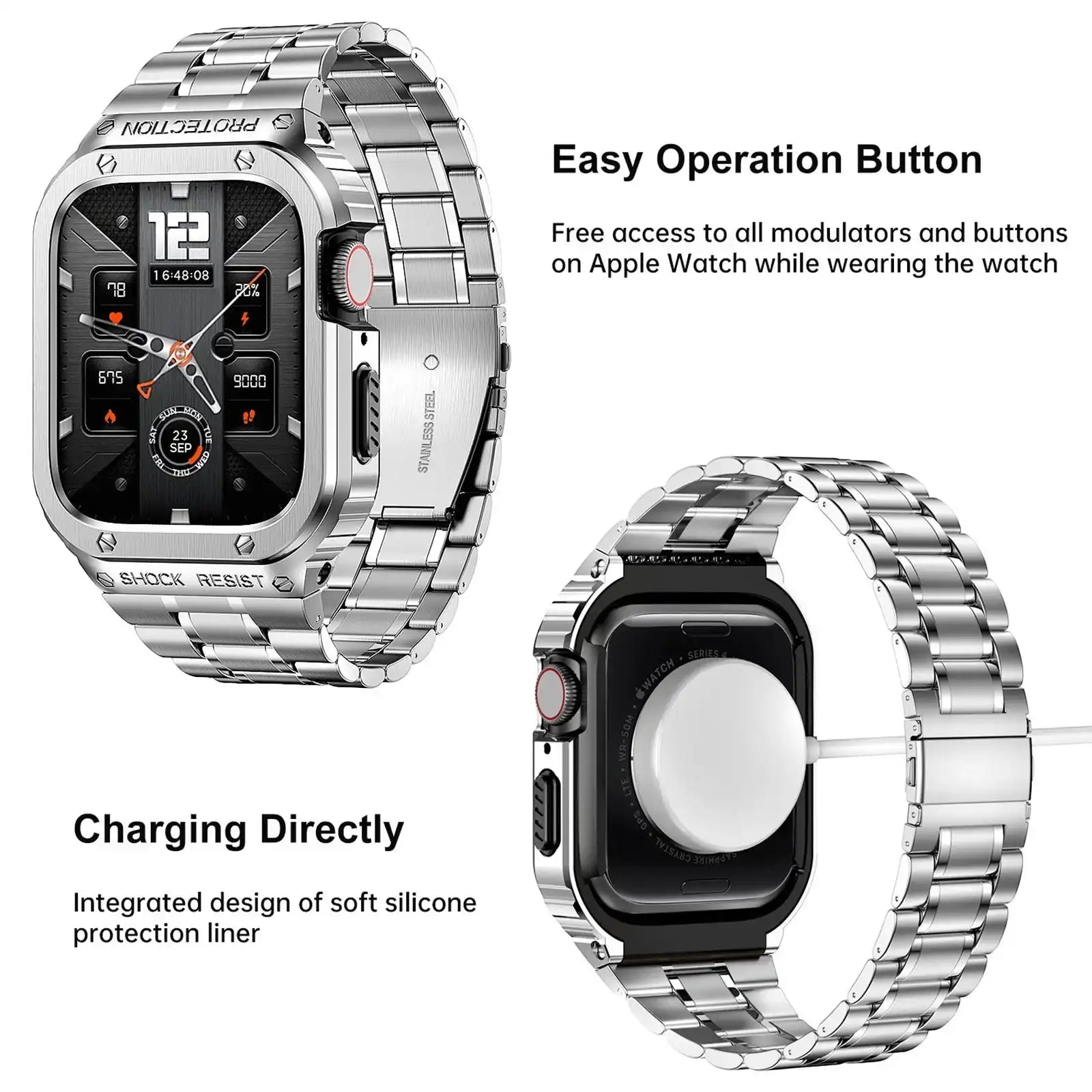 Silver Apple Watch Stainless Steel Case & Band Set | Sport Style
