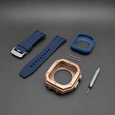 Apple Watch Mod Steel Case & Rubber Strap – Rose Gold Oak Style - 
