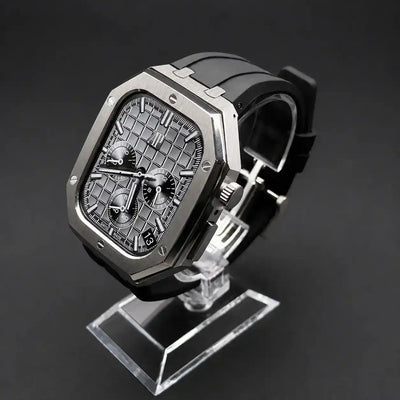 Silver Steel Apple Watch Case & Rubber Band Set | Royal Oak Mod Kit - 
