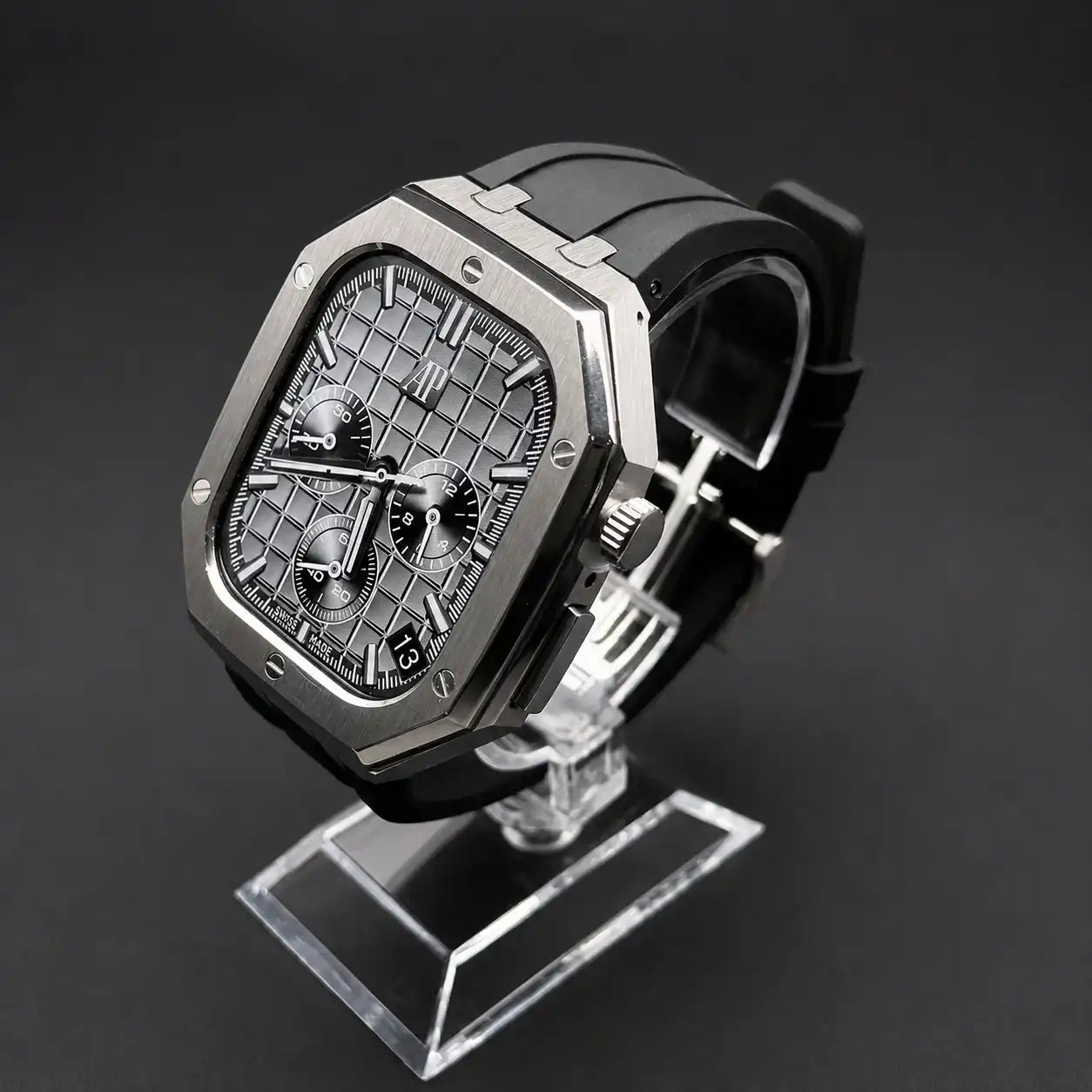 Apple Watch Mod Steel Case & Rubber Strap – Silver Oak Style - 