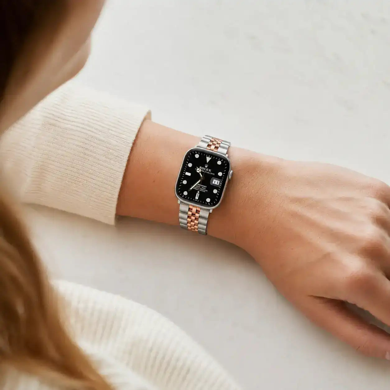 Apple Watch Mod Jubilee Steel Strap – Silver & Rose Gold Datejust Style - 