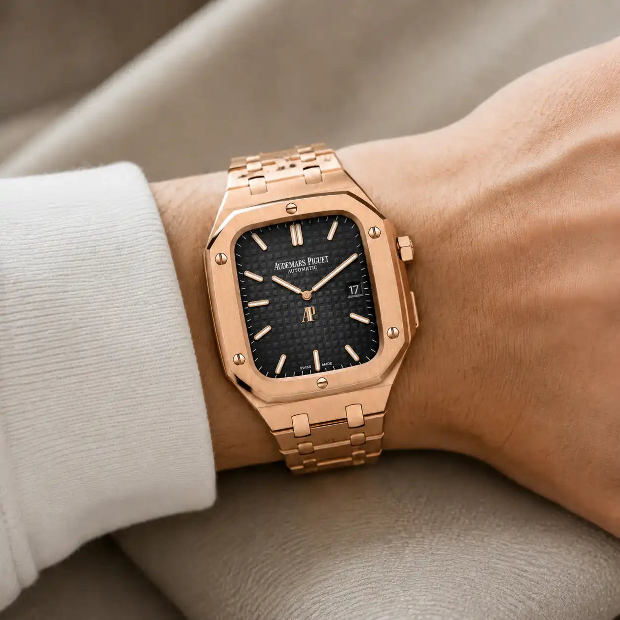 Apple Watch Mod Steel Case & Strap – Rose Gold Oak Style - 