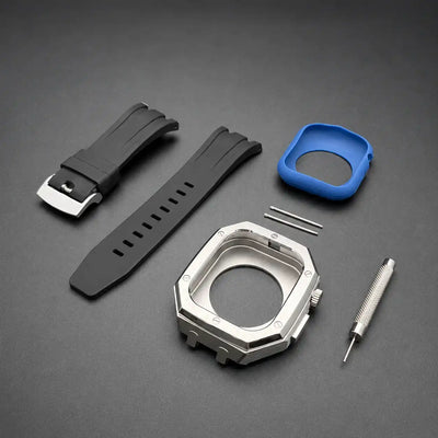 Apple Watch Mod Steel Case & Rubber Strap – Silver Oak Style - 