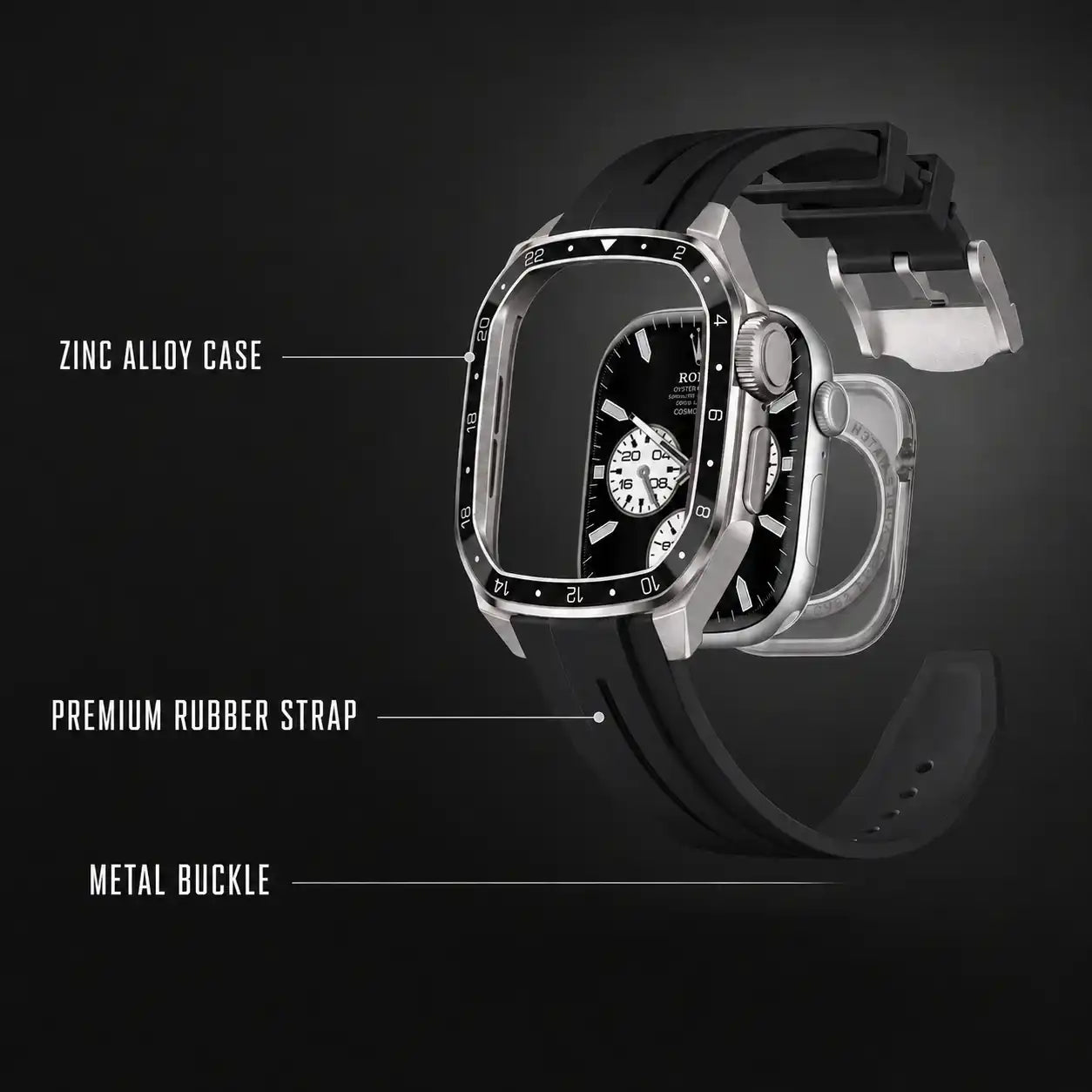 Apple Watch Mod Zinc Alloy Case & Rubber Strap – Silver GMT Style - 