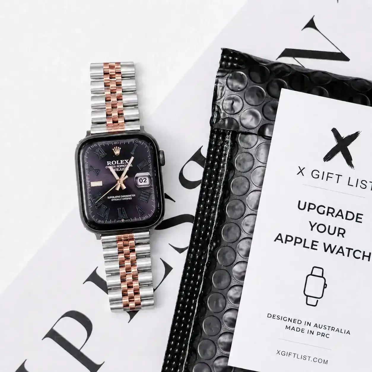 Apple Watch Mod Jubilee Steel Strap – Silver & Rose Gold Datejust Style - 