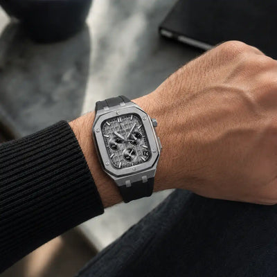 Apple Watch Mod Steel Case & Rubber Strap – Silver Oak Style - 
