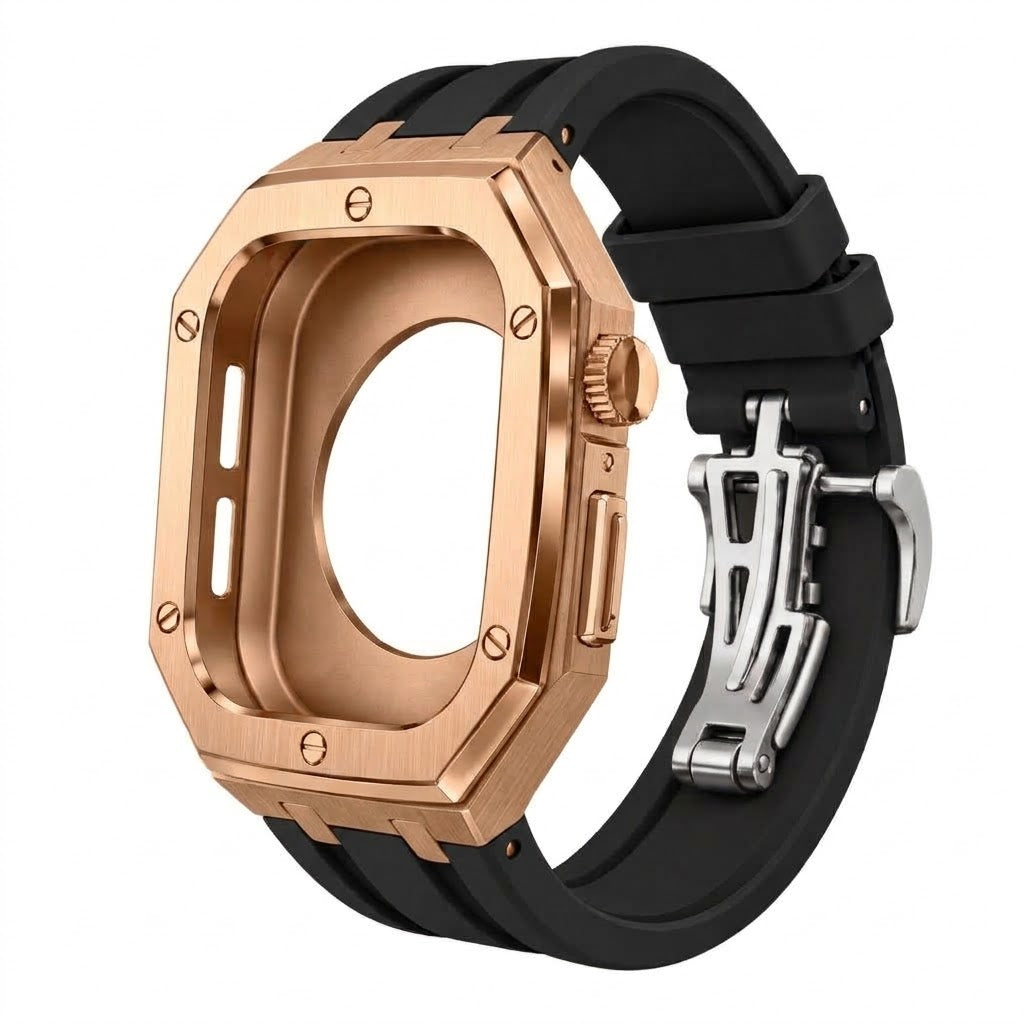 Rose Gold Steel Apple Watch Case & Rubber Band Set | Royal Oak Mod Kit - 