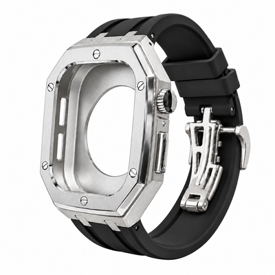 Silver Steel Apple Watch Case & Rubber Band Set | Royal Oak Mod Kit - 
