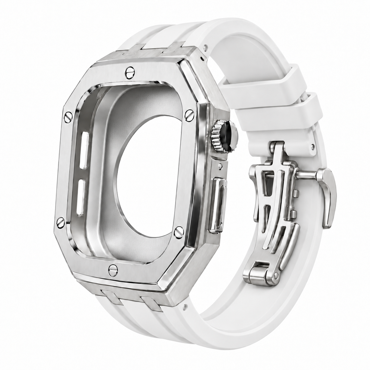 Silver Steel Apple Watch Case & Rubber Band Set | Royal Oak Mod Kit - 