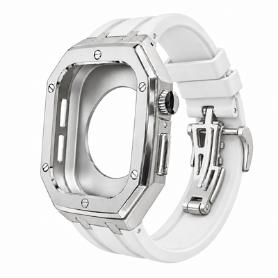 Silver Steel Apple Watch Case & Rubber Band Set | Royal Oak Mod Kit - 
