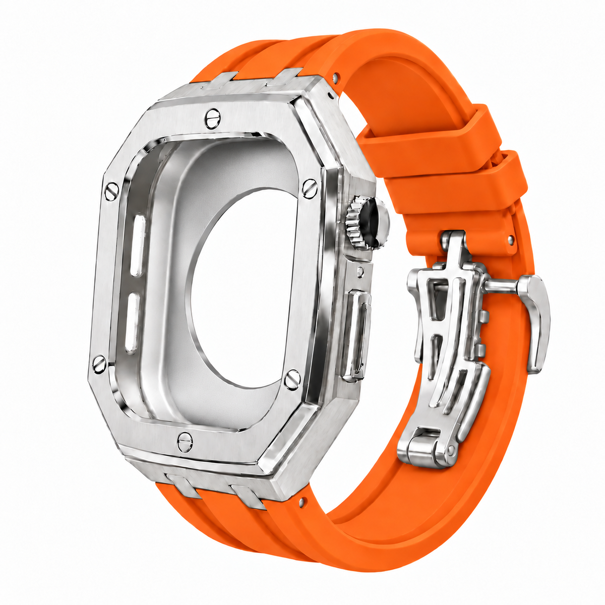 Silver Steel Apple Watch Case & Rubber Band Set | Royal Oak Mod Kit - 