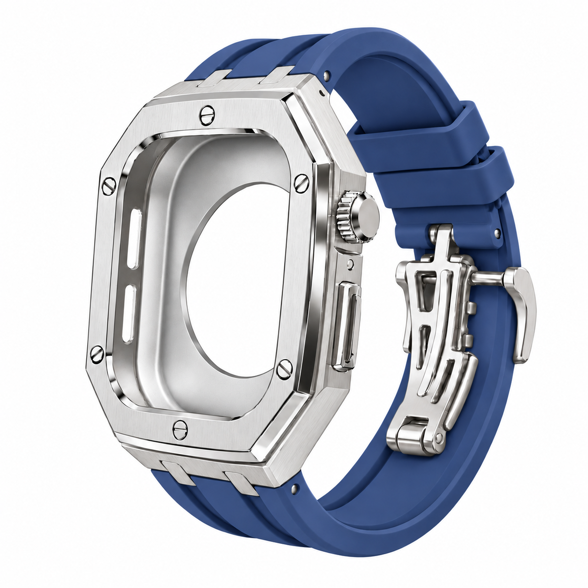 Silver Steel Apple Watch Case & Rubber Band Set | Royal Oak Mod Kit - 